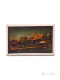 Dipinto Olio Tavoletta Villaggio Barche Fiume 900
