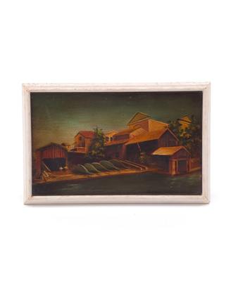 Dipinto Olio Tavoletta Villaggio Barche Fiume 900