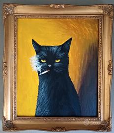 Quadro con gatto nero fumatore 