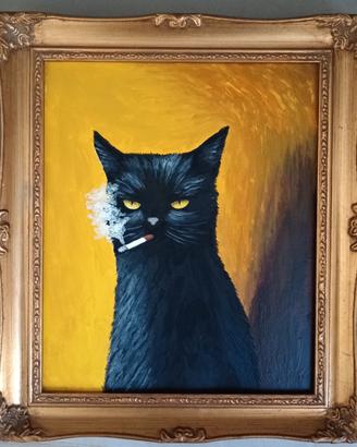 Quadro con gatto nero fumatore 