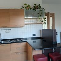 Cucina con penisola in legno chiaro con piano nero