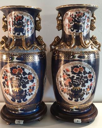 Coppia vasi cinesi blu e oro con base