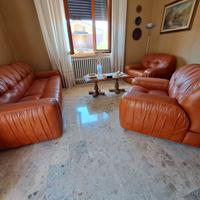 divano, due poltrone in pelle, tavolino in legno