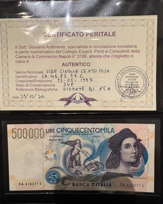 500000 Lire Raffaello 1997 Periziata SUP