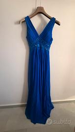 Abito lungo blu elettrico con pizzo e strass