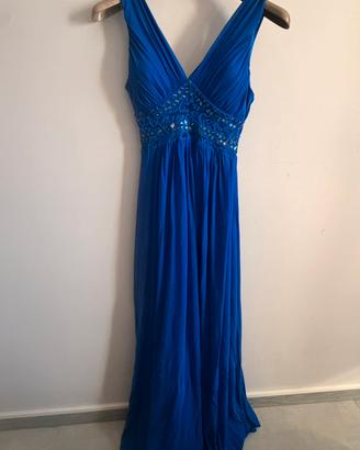 Abito lungo blu elettrico con pizzo e strass
