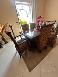 Tavolo con pianonin vetro + 6 sedie rattan/vimini