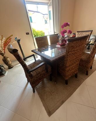Tavolo con pianonin vetro + 6 sedie rattan/vimini