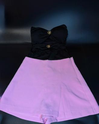 Gonna pantalone rosa + top nero SET