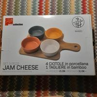 4 ciotole in porcellana con tagliere in bamboo