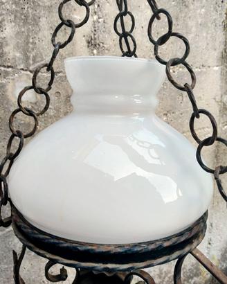 Lampadario vintage vetro opalino e ceramica