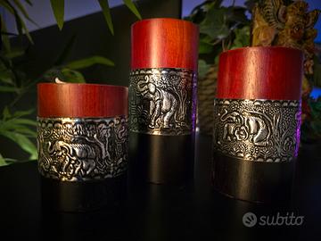 Tris portacandele portalumini legno e metallo