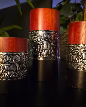 Tris portacandele portalumini legno e metallo