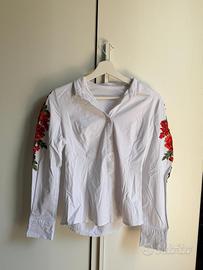 Camicia Donna Bianca Ricami Floreali-Taglia S