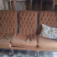 Divano vintage 3 posti in legno e velluto