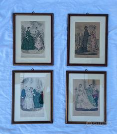 Set 4 Quadri Vintage Stampe Moda Cornice Legno
