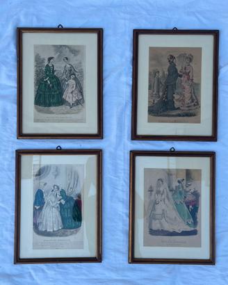 Set 4 Quadri Vintage Stampe Moda Cornice Legno
