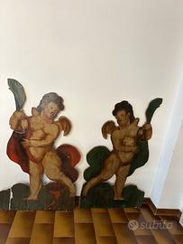 Coppia di putti angeli antichi olio su legno