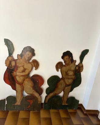 Coppia di putti angeli antichi olio su legno