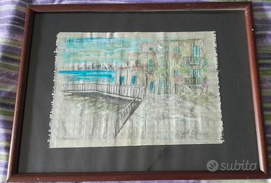 Quadro dipinto completo di cornice in legno e vetr