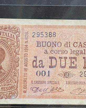 Banconota 2 Lire 1914 seie 001 rarissima periziata