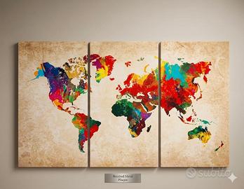 Quadro Trittico Mappamondo Moderno Colorato (3 Pan