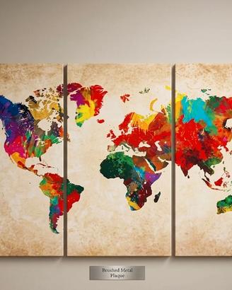 Quadro Trittico Mappamondo Moderno Colorato (3 Pan
