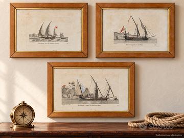 3 stampe nautiche vintage – velieri da Baugean
