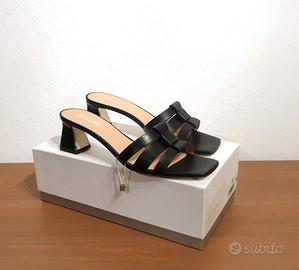 Sandali ciabattina, tacco, pelle, nero, Pollini,41