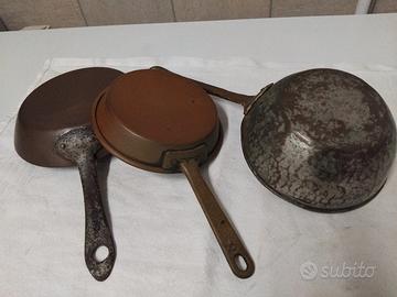 VECCHIE PADELLE PENTOLINO MESTOLO IN RAME OTTONE 