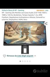 Monitor 25 pollici HP 144HZ 1ms fullhd