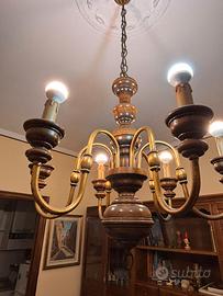 LAMPADARIO CLASSICO LEGNO E OTTONE 6 LUCI