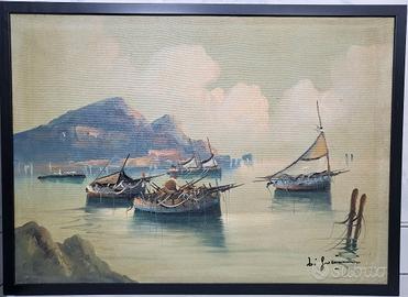 Veduta della marina di Livorno olio su tela.