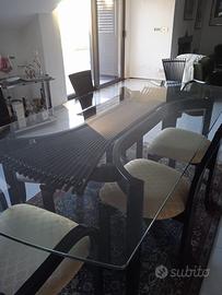 modernariato tavolo in cristallo con 6 sedie