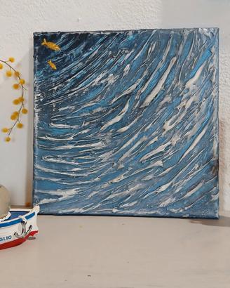 Quadro 3D mare onde pesci oro- fatto a mano 20x20