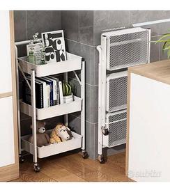 Carrello 3 ripiani in metallo bianco Pieghevole