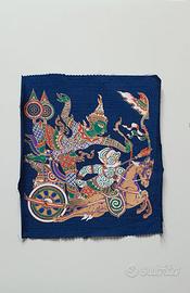 Tre dipinti orientali su stoffa  blu