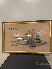 Ricamo su seta cinese con cornice vintage