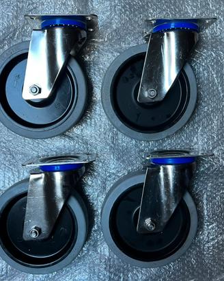 4 Ruote gomma Ø200 girevoli INOX ACCIAIO