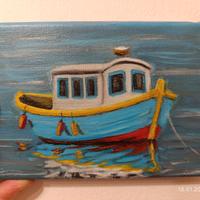 Un piccolo dipinto di una barca. Dipinto acrilico.