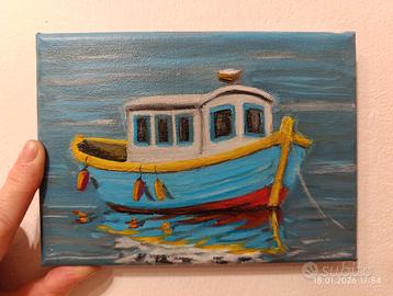 Un piccolo dipinto di una barca. Dipinto acrilico.