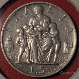5 Lire Impero 1937 RARO Vittorio Emanuele III