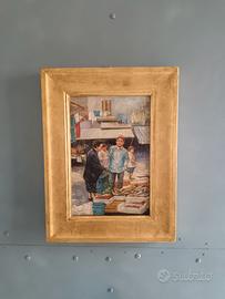 Dipinto Olio su Pannello Scena  XX Secolo
