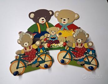 Set 3 appendiabiti in legno colorati con orsetti