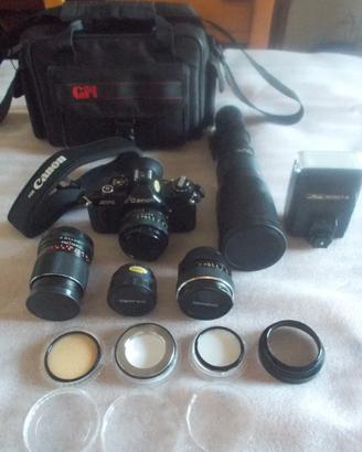 CANON AV1 REFLEX + TELEOBIETTIVO + FLASH + ALTRO