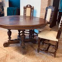 Tavolo rotondo antico con 6 sedie in legno 