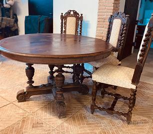Tavolo rotondo antico con 6 sedie in legno 