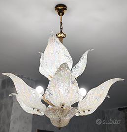 Lampadario Vintage 9 Luci Ottone e Vetro Anni '70