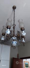 Lampadario ottone e ceramica anni 70