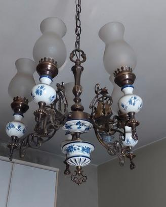 Lampadario ottone e ceramica anni 70